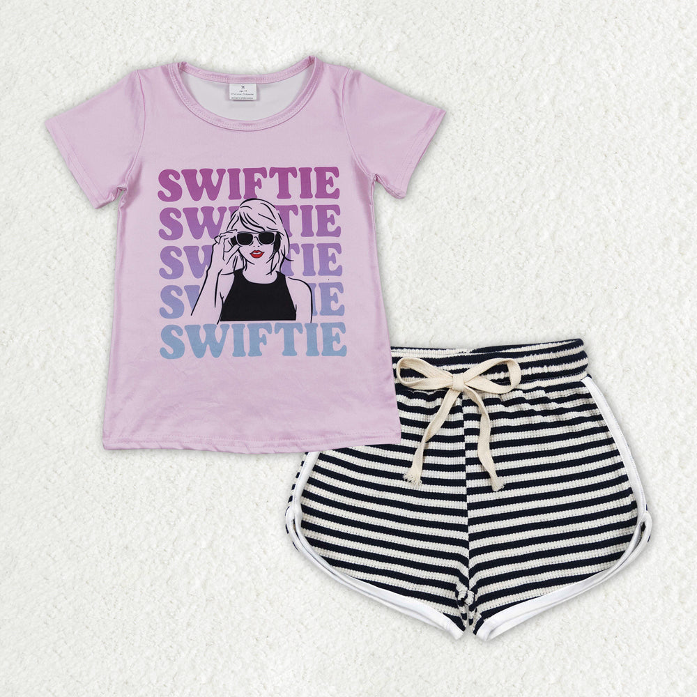 purple letter shirt black and white stripes short Girls set GSSO1316