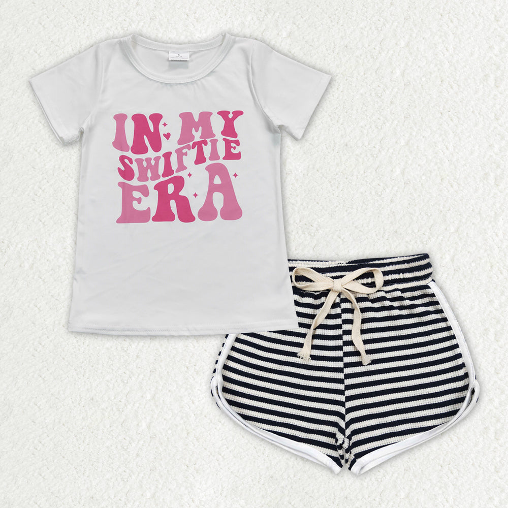 letter shirt black and white stripes short Girls set