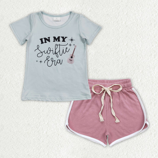 Grey letter shirt Pink short Girls set GSSO1322