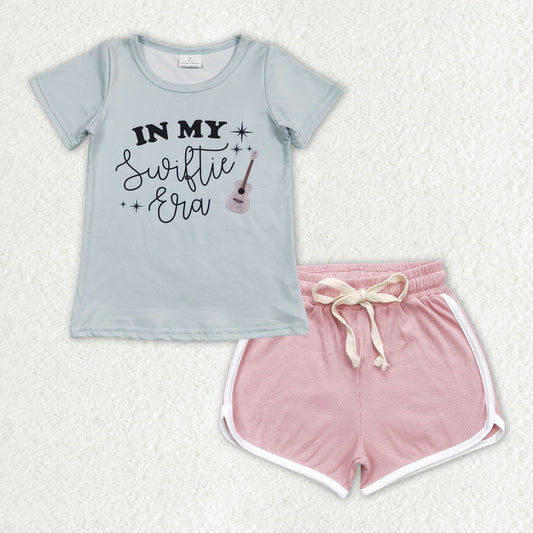 Grey letter shirt light Pink short Girls set GSSO1323