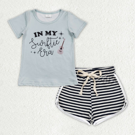 Grey letter shirt black and white stripes short Girls set GSSO1324