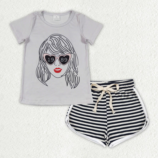 Grey 1989 black and white stripes short Girls set GSSO1326