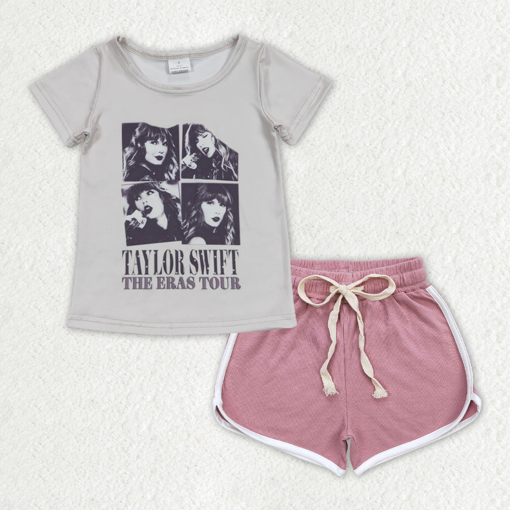 Grey Cartoon dark pink short Girls set GSSO1334