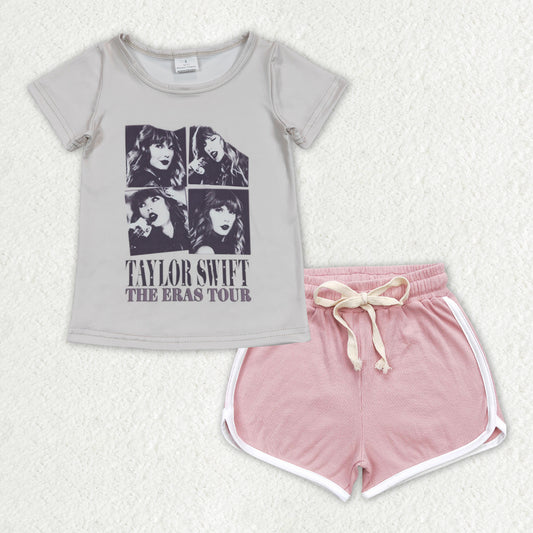 Grey Cartoon light pink short Girls set GSSO1335