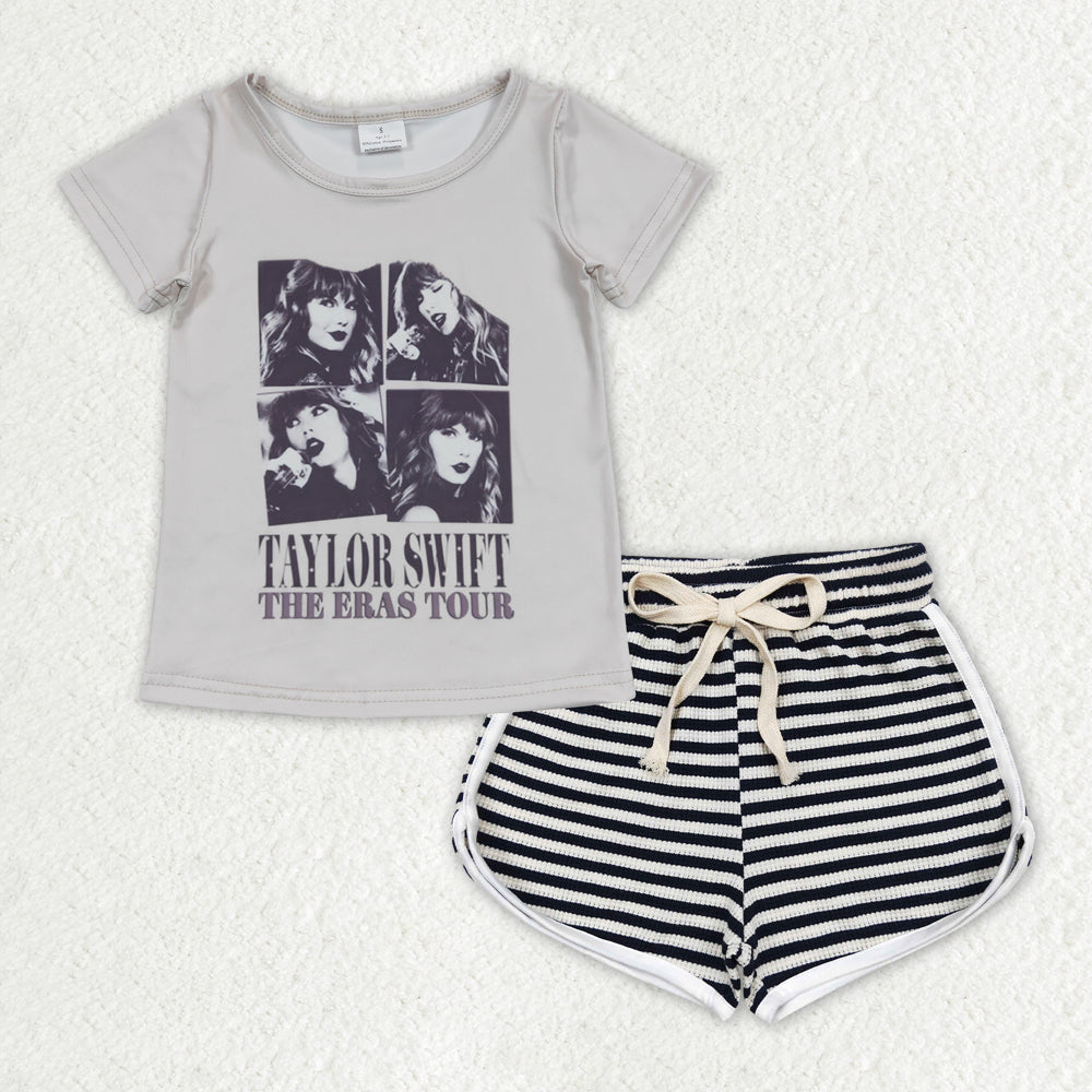 Grey Cartoon black and white stripes short Girls set GSSO1336