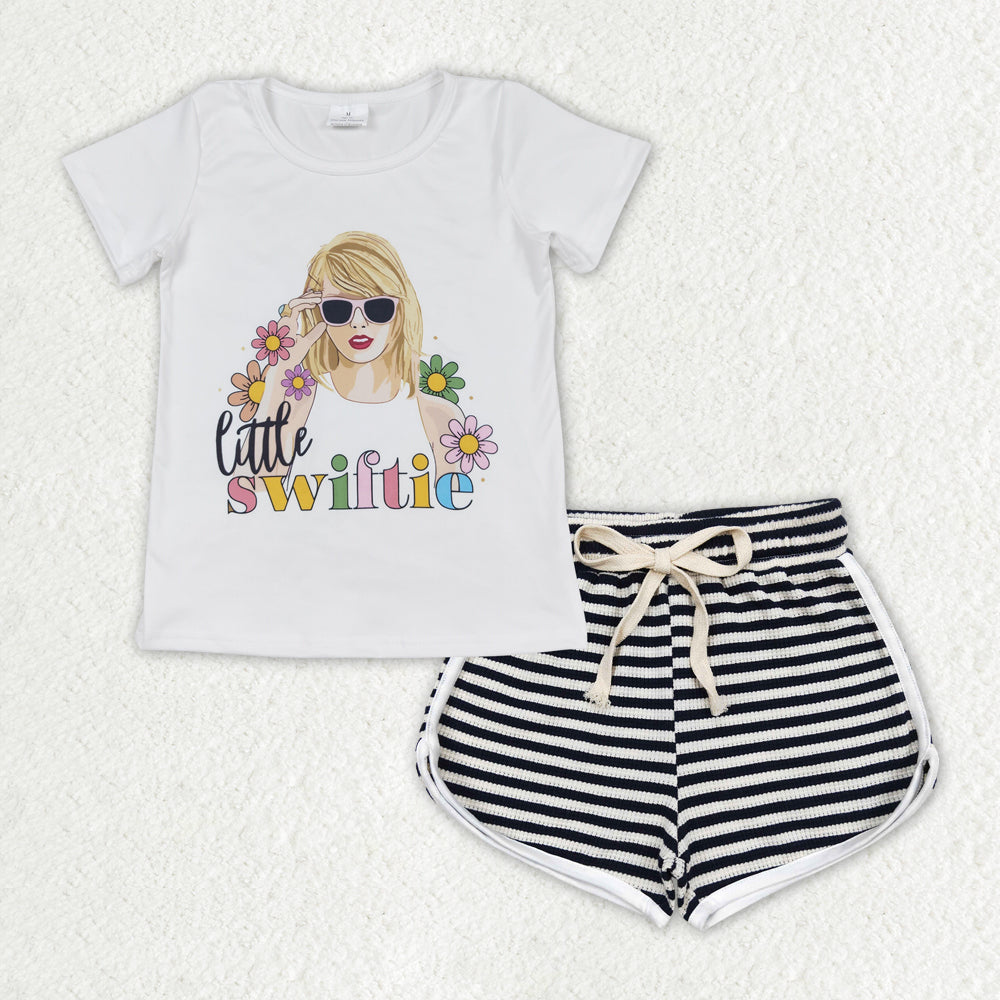 flower Cartoon black and white stripes short Girls set GSSO1337