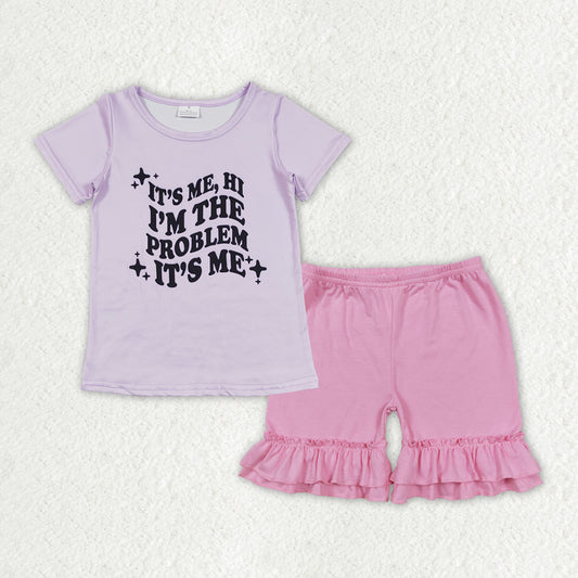 purple letter Pink shorts Girls Summer Set