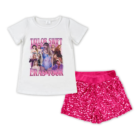 Cartoon Shirt pink sequin short Girls Set