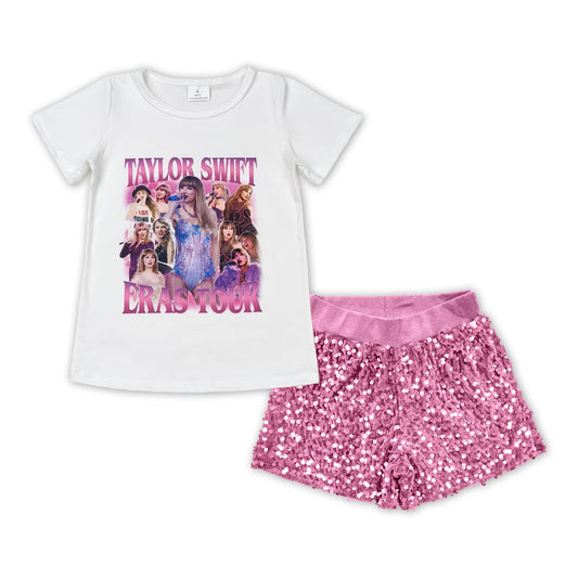 Cartoon Shirt light pink sequin short Girls Set