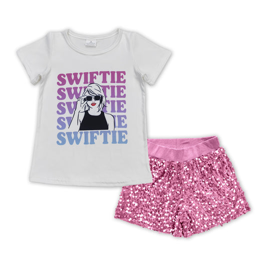 Cartoon letter Shirt light pink sequin short Girls Set