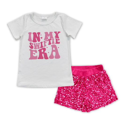 pink letter Shirt light pink sequin short Girls Set