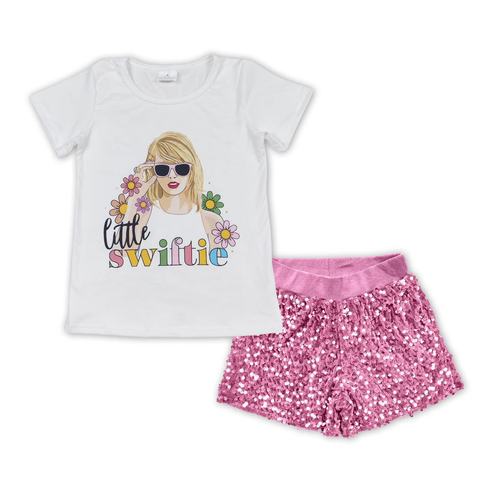 cartoon flower Shirt light pink sequin short Girls Set