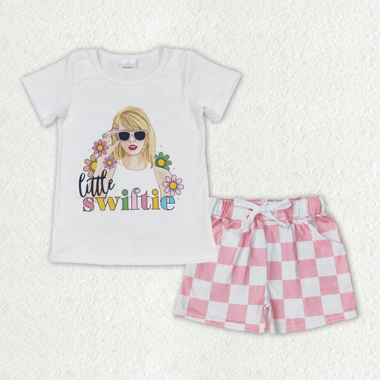 cartoon flower Shirt light pink plaid short Girls Set