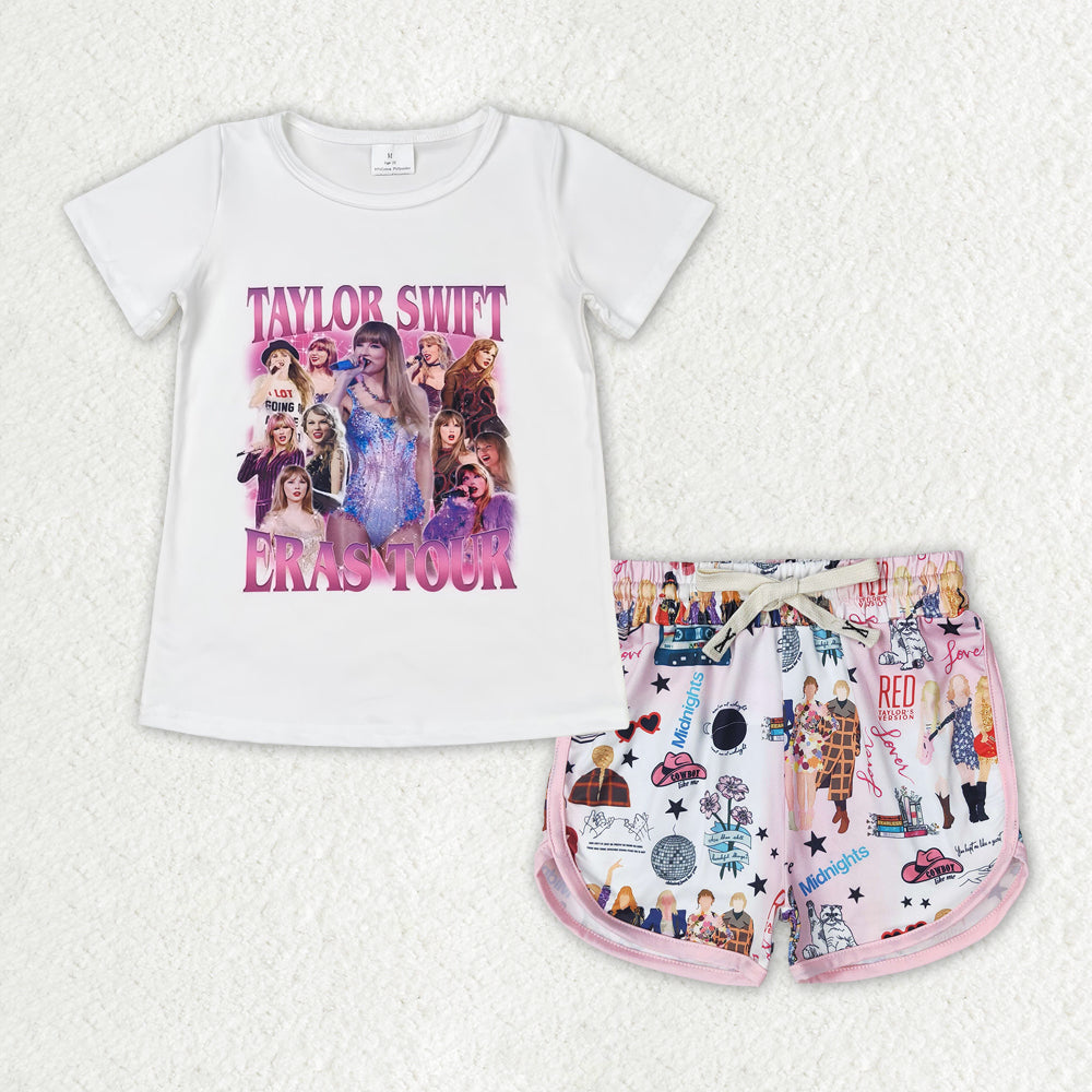 white shirt cartoon short Girls Set