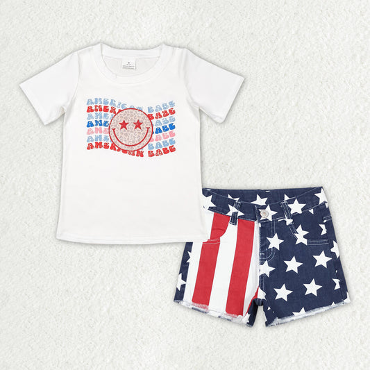 july of 4th smile Print Short Sleeve Shirt jeans Short Outfits