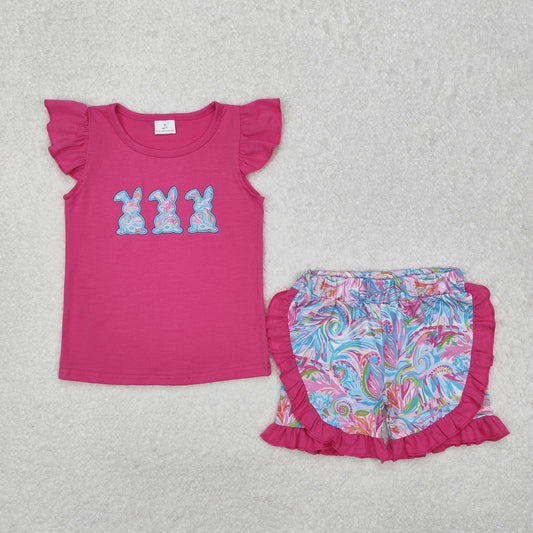 pink rabbit sea grass print shorts girl Set