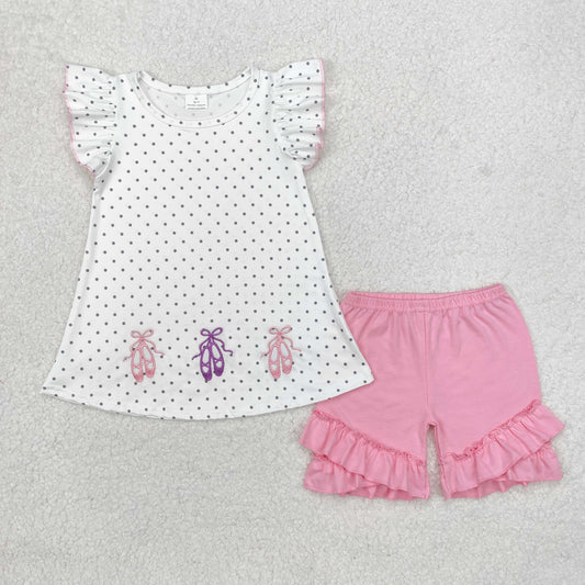 polka pink toe shoe embroidery shorts girl Set