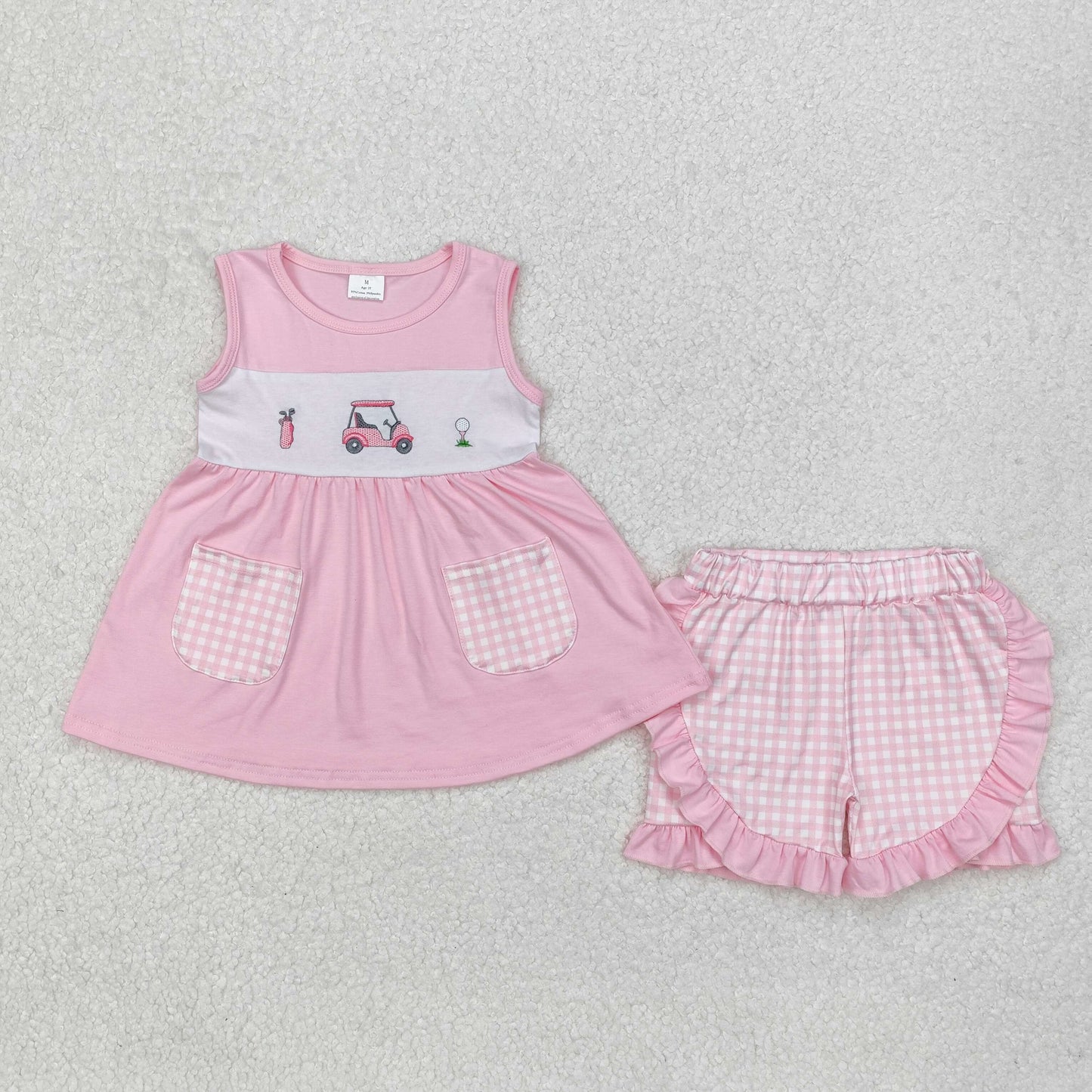 Pink embroidery cars plaid pocket Suit Summer Set