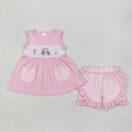 Pink embroidery cars plaid pocket Suit Summer Set