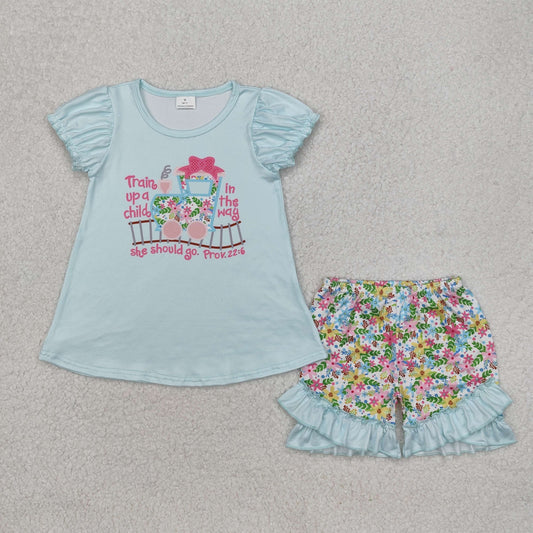 Blue Letter truck flowers shorts girl Set