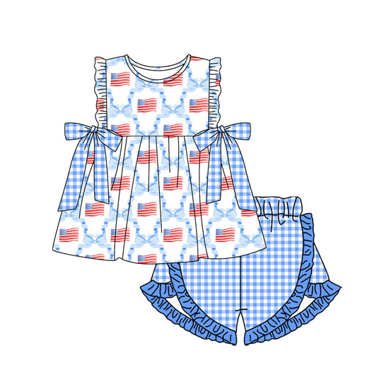 pre -order blue bow flag print girls Summer set GSSO1684