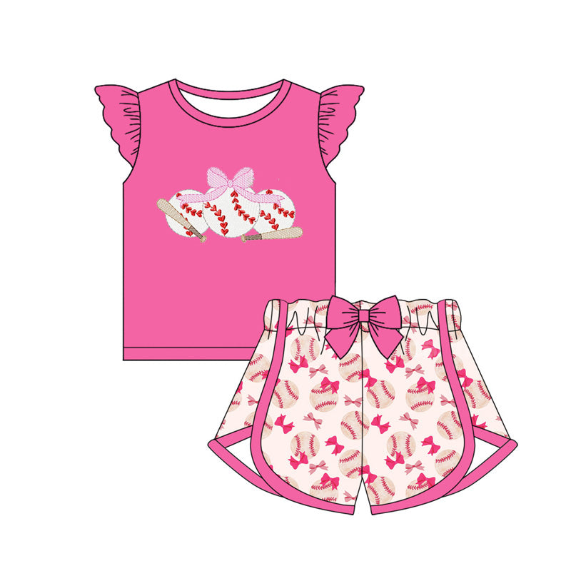 pre -order pink bow baseball print girls Summer set GSSO1685