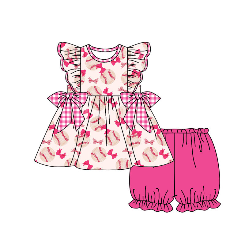 pre -order pink bow baseball print girls Summer set GSSO1686