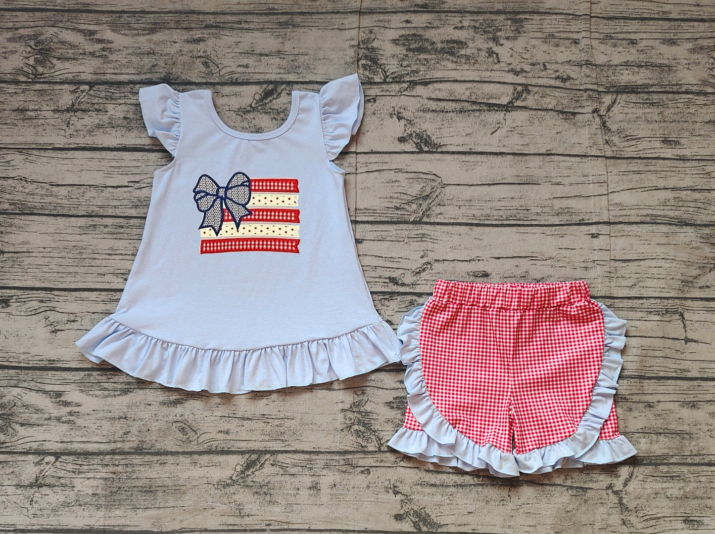 pre -order Blue stripe bow lace shorts girl set GSSO1822