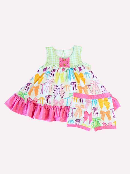 pre -order colorful bow floral print girl Set GSSO2089