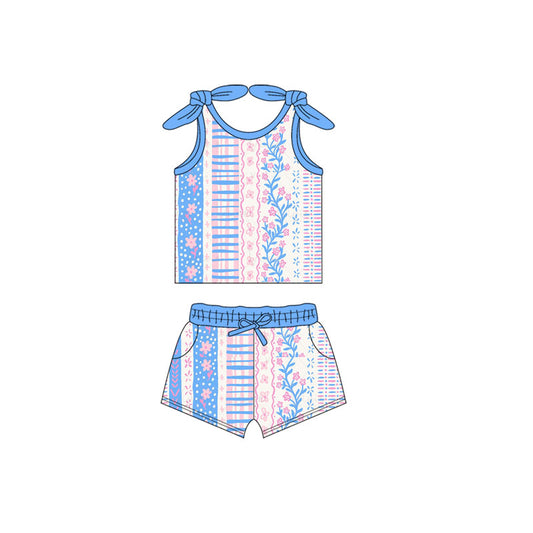 pre -order blue pink flowers girl Short Sleeve girl set GSSO2139