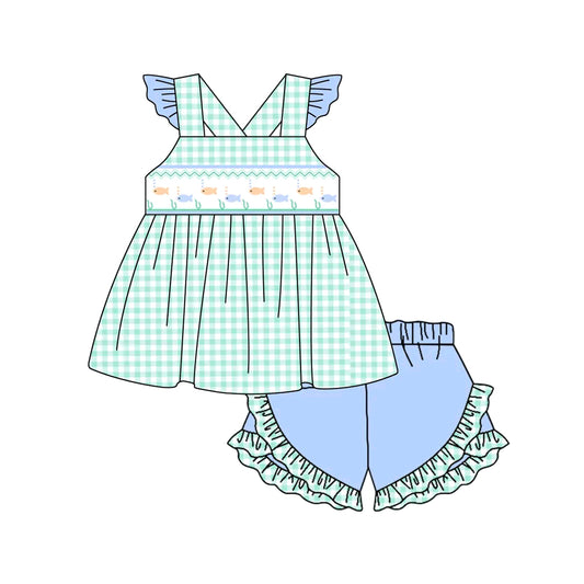 pre -order green plaid fishes print girl Set GSSO2148
