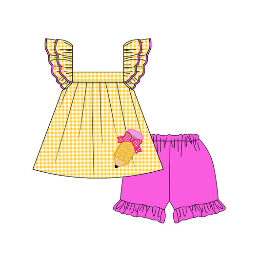 pre -order Yellow plaid pencil print back to school girl Set GSSO2157