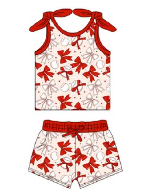 pre -order red bow floral print girl Set GSSO2170