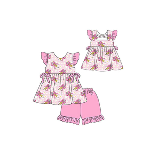 pre -order pink bow pencilflying sleeve print girl Set GSSO2171