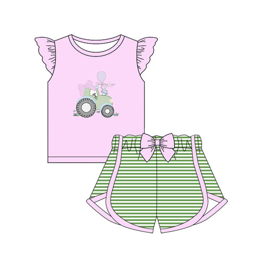 pre -order pink tractor flying sleeve print girl Set GSSO2173