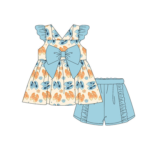 pre -ordercyan bows flying sleeve print girl Set GSSO2174