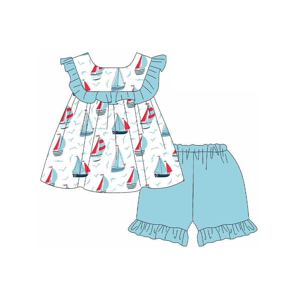pre -order cyan sea boat  print girl sleeveless Set GSSO2190