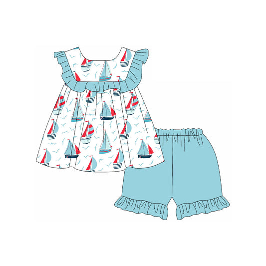pre -order cyan sea boat  print girl sleeveless Set GSSO2190
