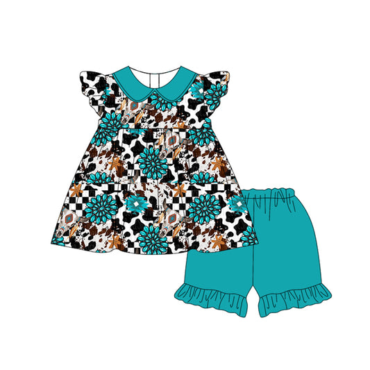 pre -order turquoise cow leopard  print girl flying sleeve Set GSSO2191