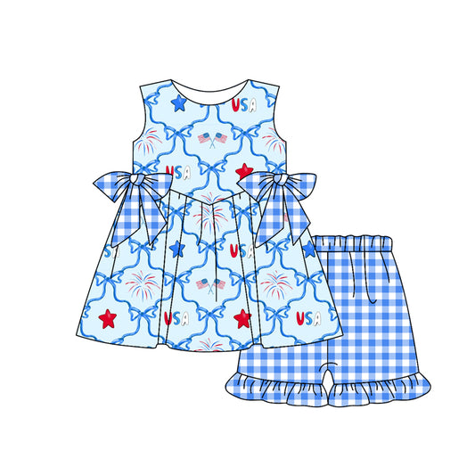 pre -order 4th of July blue bows stars sleeveless  print girl Set GSSO2200
