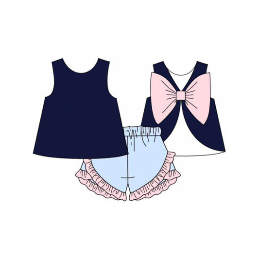 pre -order navy blue print pink bow Short Sleeve girl set GSSO2272
