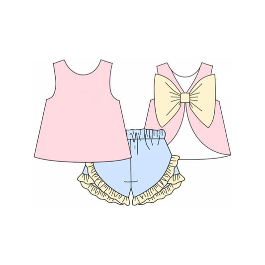 pre -order pink  print yellow bow Short Sleeve girl set GSSO2273