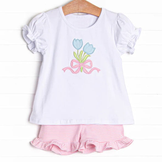 pre -order blue flowers pink bow Short Sleeve girl set GSSO2275