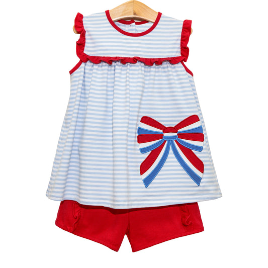 pre -order Blue stripe 4th of July print short Sleeve girl set GSSO2287