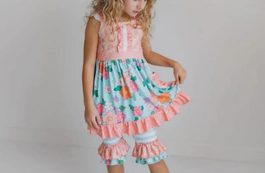 pre -order  flowers print short Sleeve girl set GSSO2291