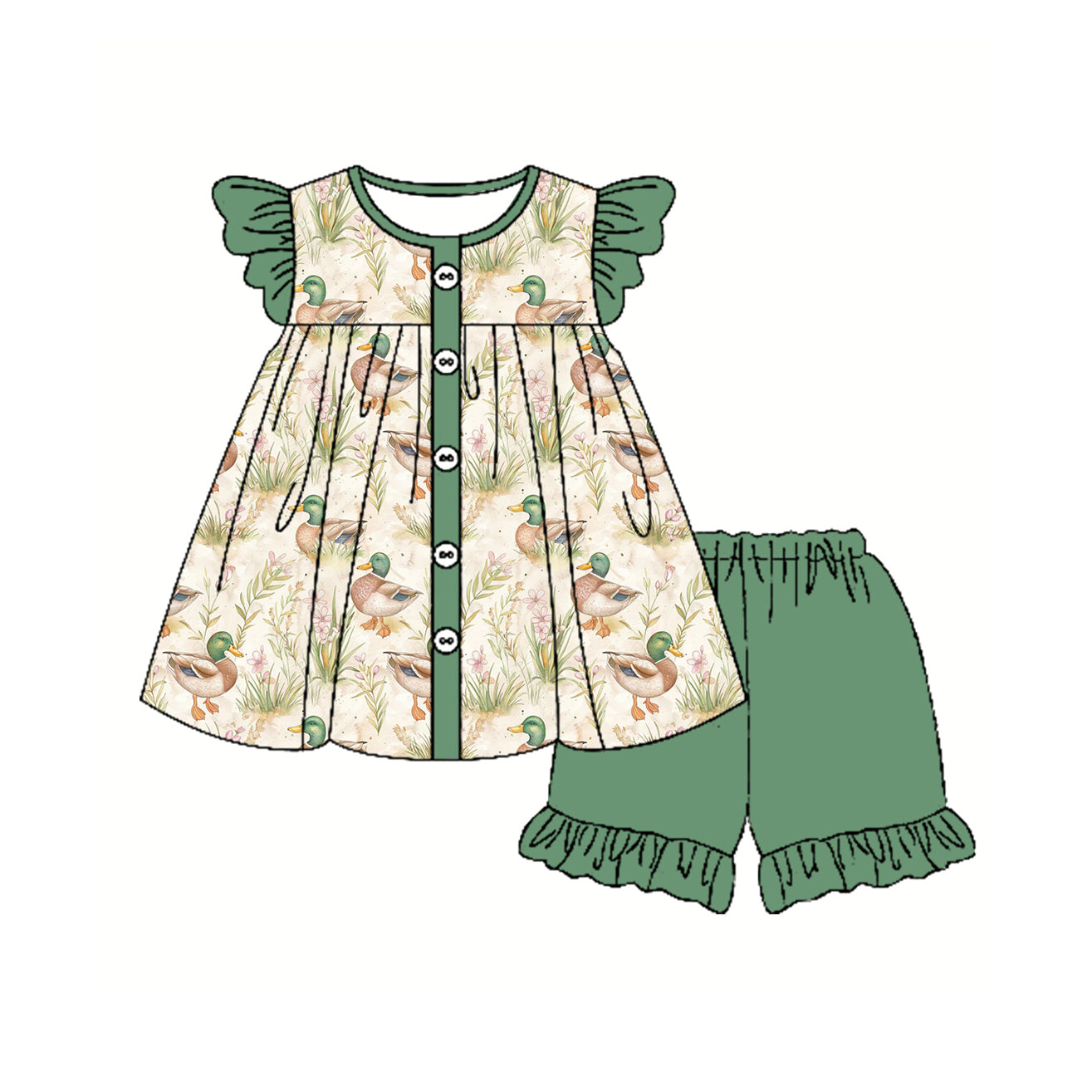 pre -order green duck print flying Sleeve girl set GSSO2295