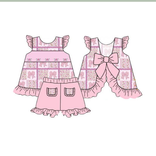 pre -order pink bow flowers print Sleeveless girl set GSSO2305