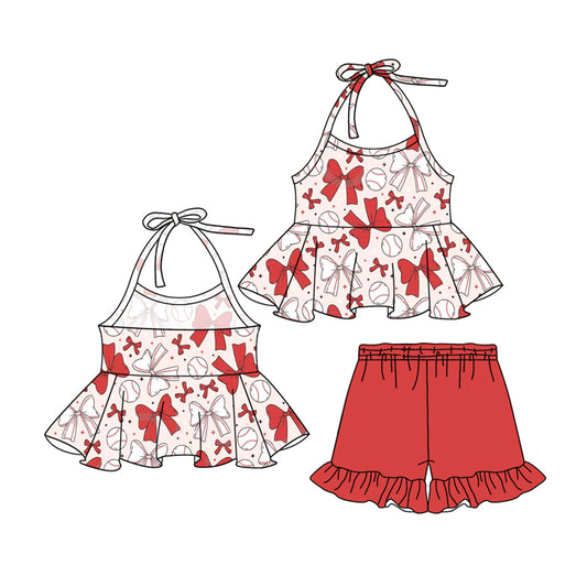 pre -order red bow baseball print Sleeveless girl set GSSO2310