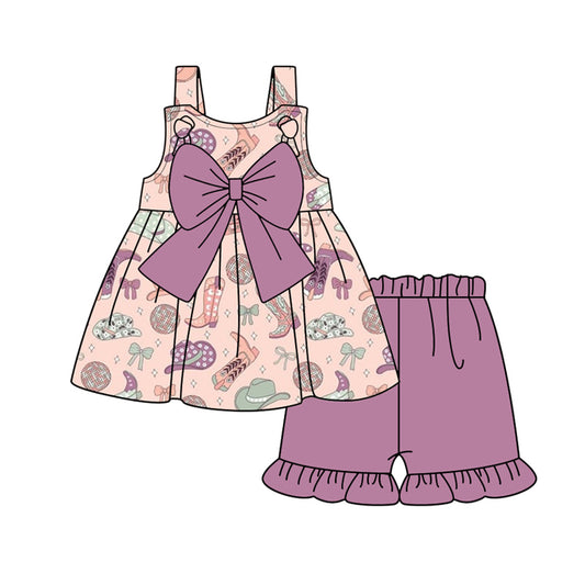 pre -order purple  bows boots print short Sleeve girl set GSSO2327