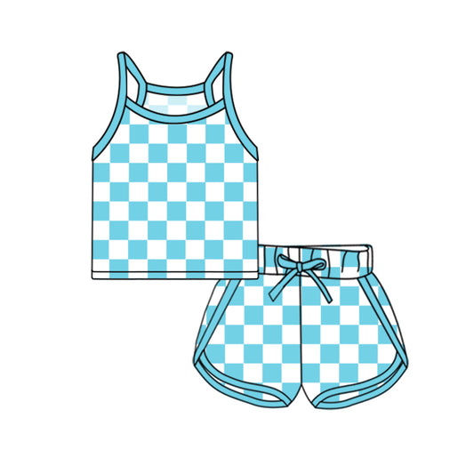 pre -order Blue plaid  print  Sleeveless girl set GSSO2332